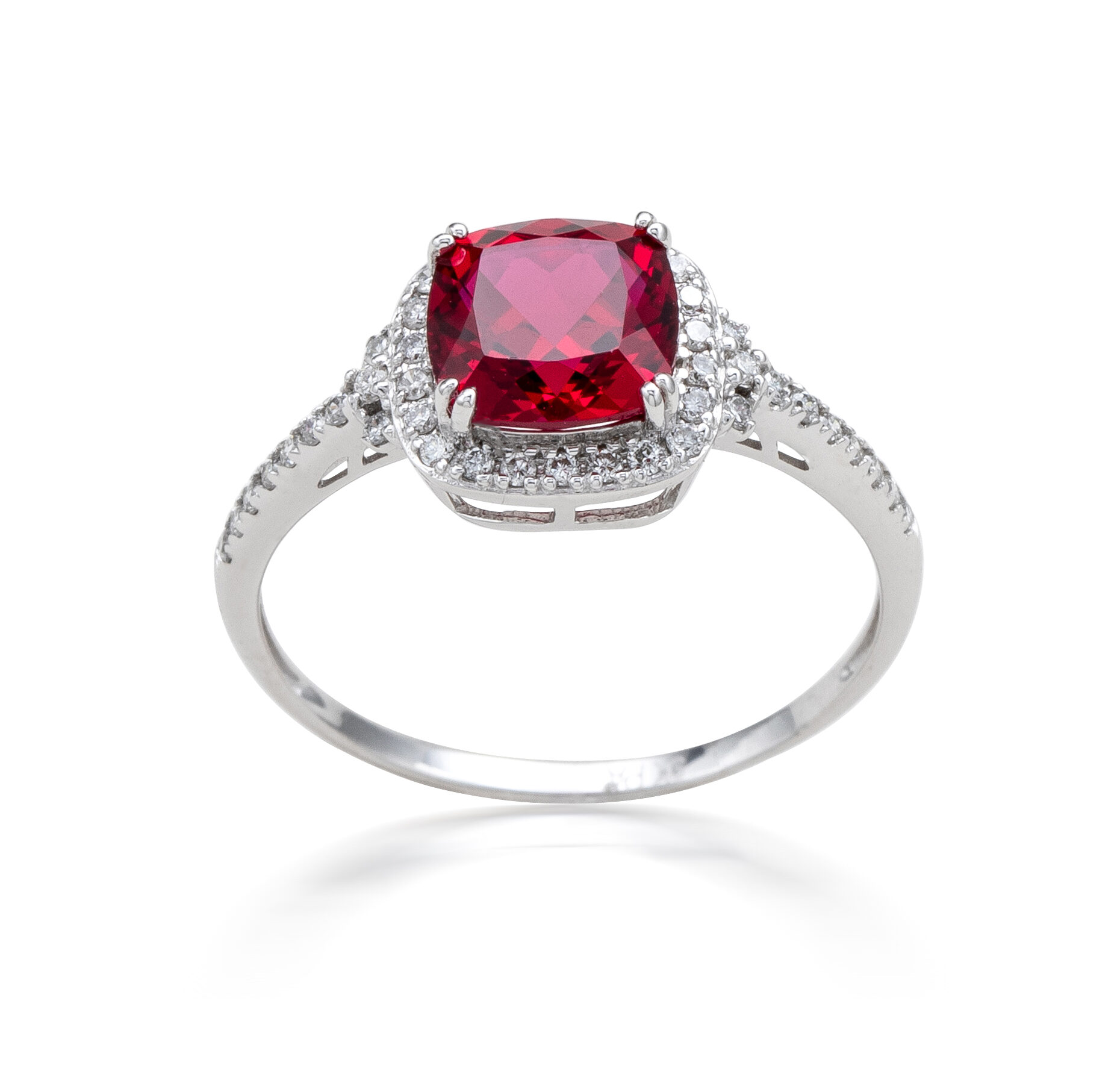 RING 9KW CUSH LAB RUBY + LAB DIA TDW=2.21CT